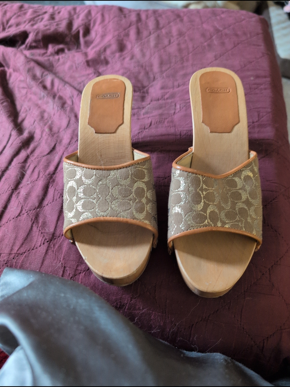 Coach Metallic Gold Signature Slide Clogs with Tan Trim